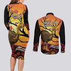 Keeper Of The Rainforest Cassowary Couples Matching Long Sleeve Bodycon Dress and Long Sleeve Button Shirt Aboriginal Art