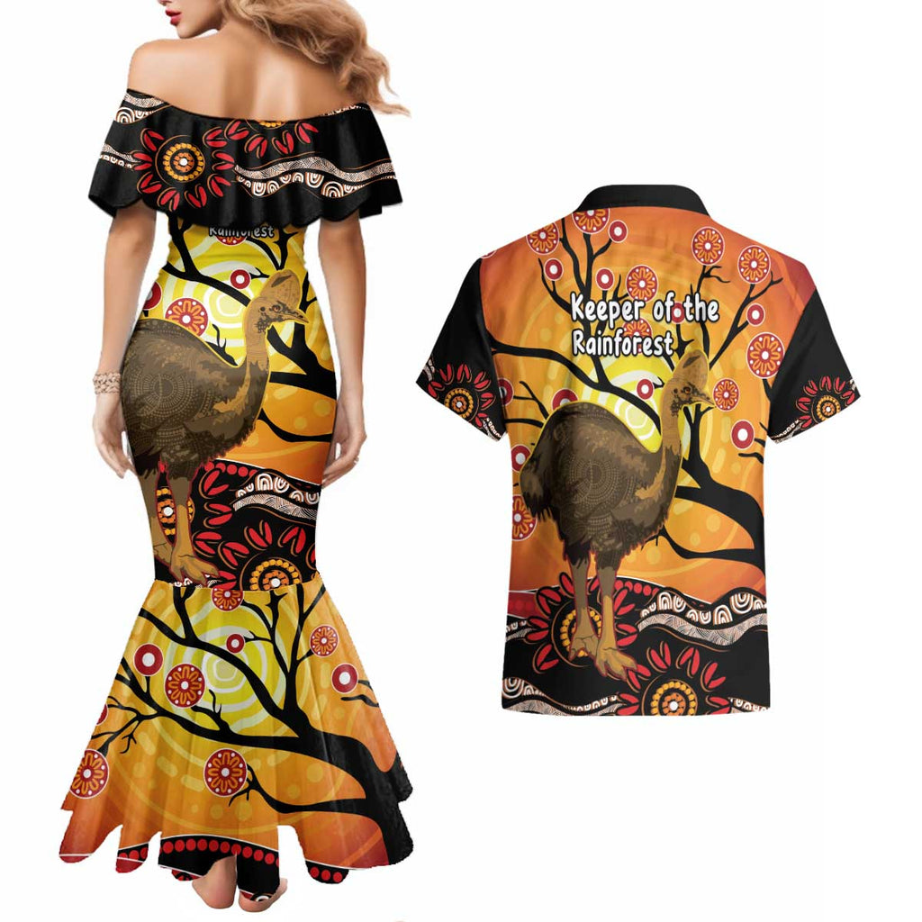 Keeper Of The Rainforest Cassowary Couples Matching Mermaid Dress and Hawaiian Shirt Aboriginal Art