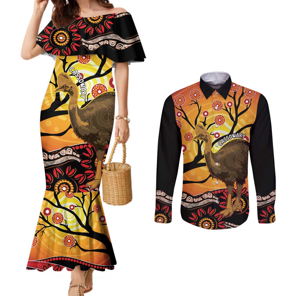 Keeper Of The Rainforest Cassowary Couples Matching Mermaid Dress and Long Sleeve Button Shirt Aboriginal Art