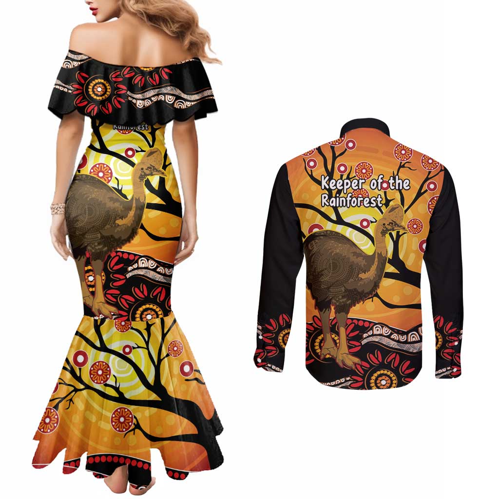 Keeper Of The Rainforest Cassowary Couples Matching Mermaid Dress and Long Sleeve Button Shirt Aboriginal Art