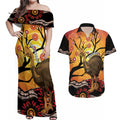 Keeper Of The Rainforest Cassowary Couples Matching Off Shoulder Maxi Dress and Hawaiian Shirt Aboriginal Art