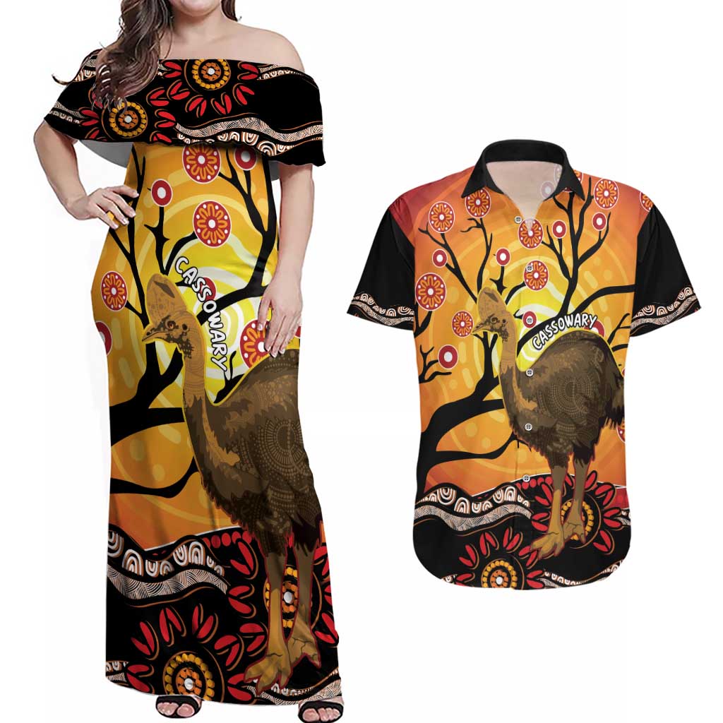 Keeper Of The Rainforest Cassowary Couples Matching Off Shoulder Maxi Dress and Hawaiian Shirt Aboriginal Art