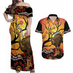 Keeper Of The Rainforest Cassowary Couples Matching Off Shoulder Maxi Dress and Hawaiian Shirt Aboriginal Art