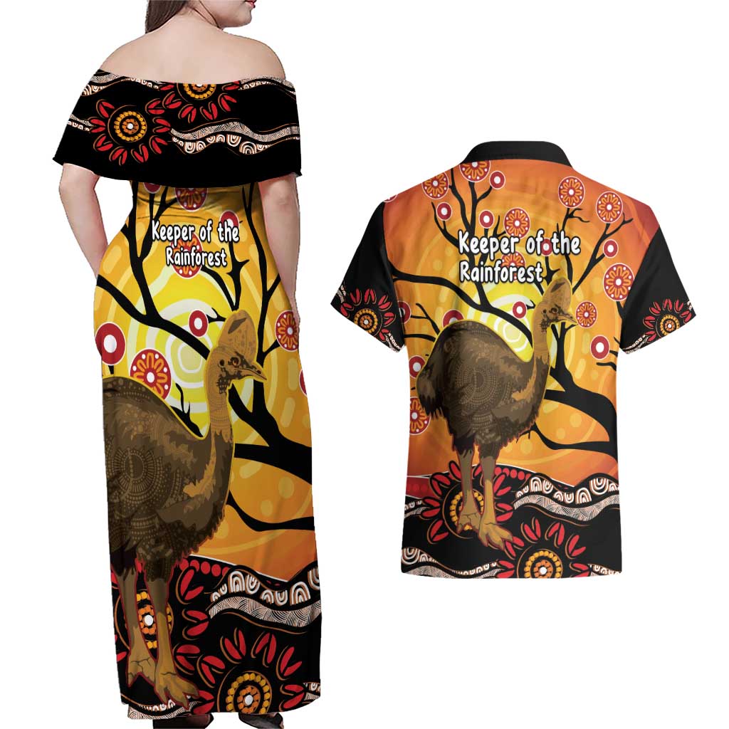 Keeper Of The Rainforest Cassowary Couples Matching Off Shoulder Maxi Dress and Hawaiian Shirt Aboriginal Art