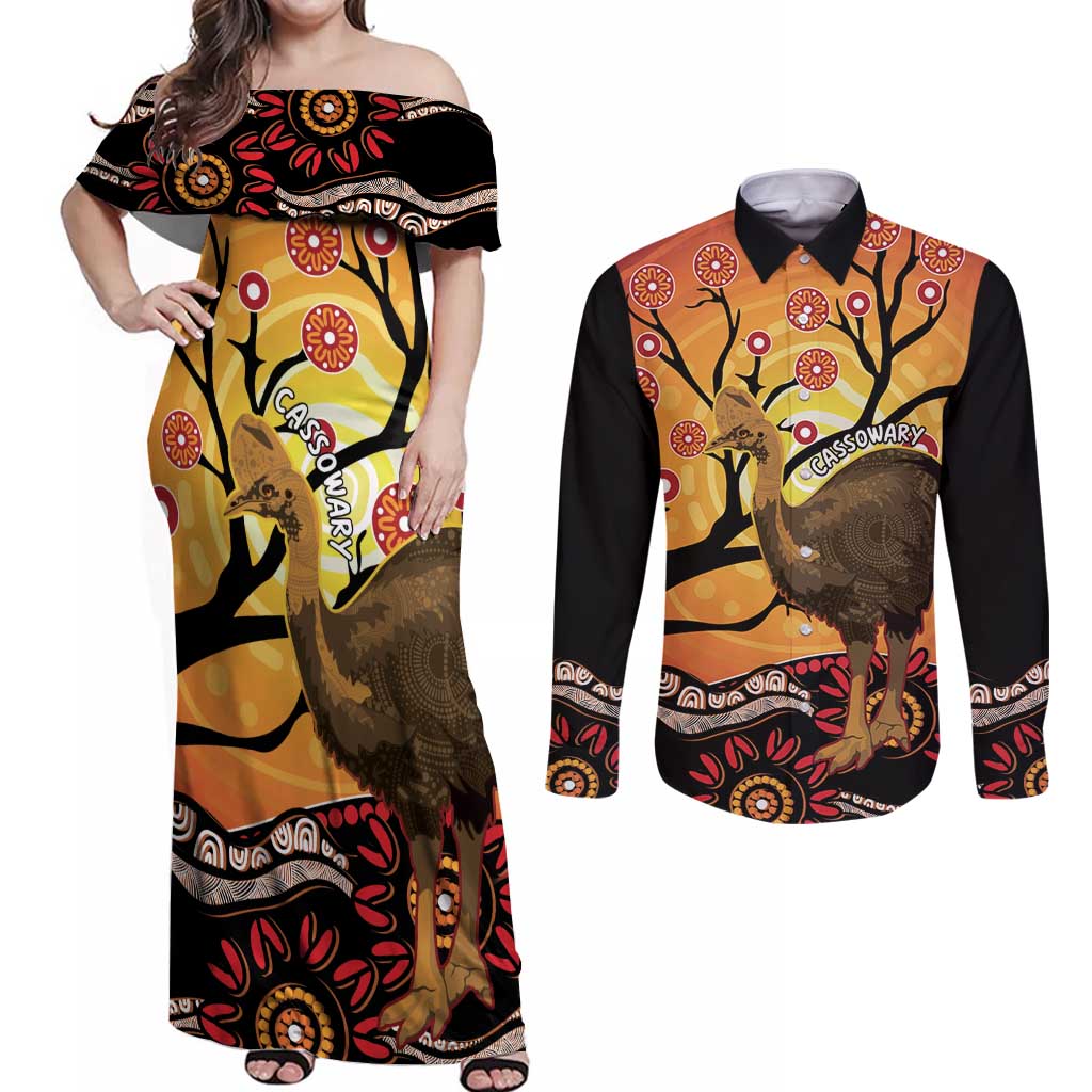 Keeper Of The Rainforest Cassowary Couples Matching Off Shoulder Maxi Dress and Long Sleeve Button Shirt Aboriginal Art