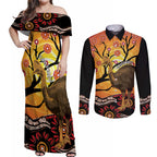 Keeper Of The Rainforest Cassowary Couples Matching Off Shoulder Maxi Dress and Long Sleeve Button Shirt Aboriginal Art