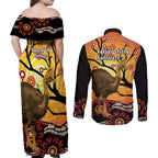 Keeper Of The Rainforest Cassowary Couples Matching Off Shoulder Maxi Dress and Long Sleeve Button Shirt Aboriginal Art