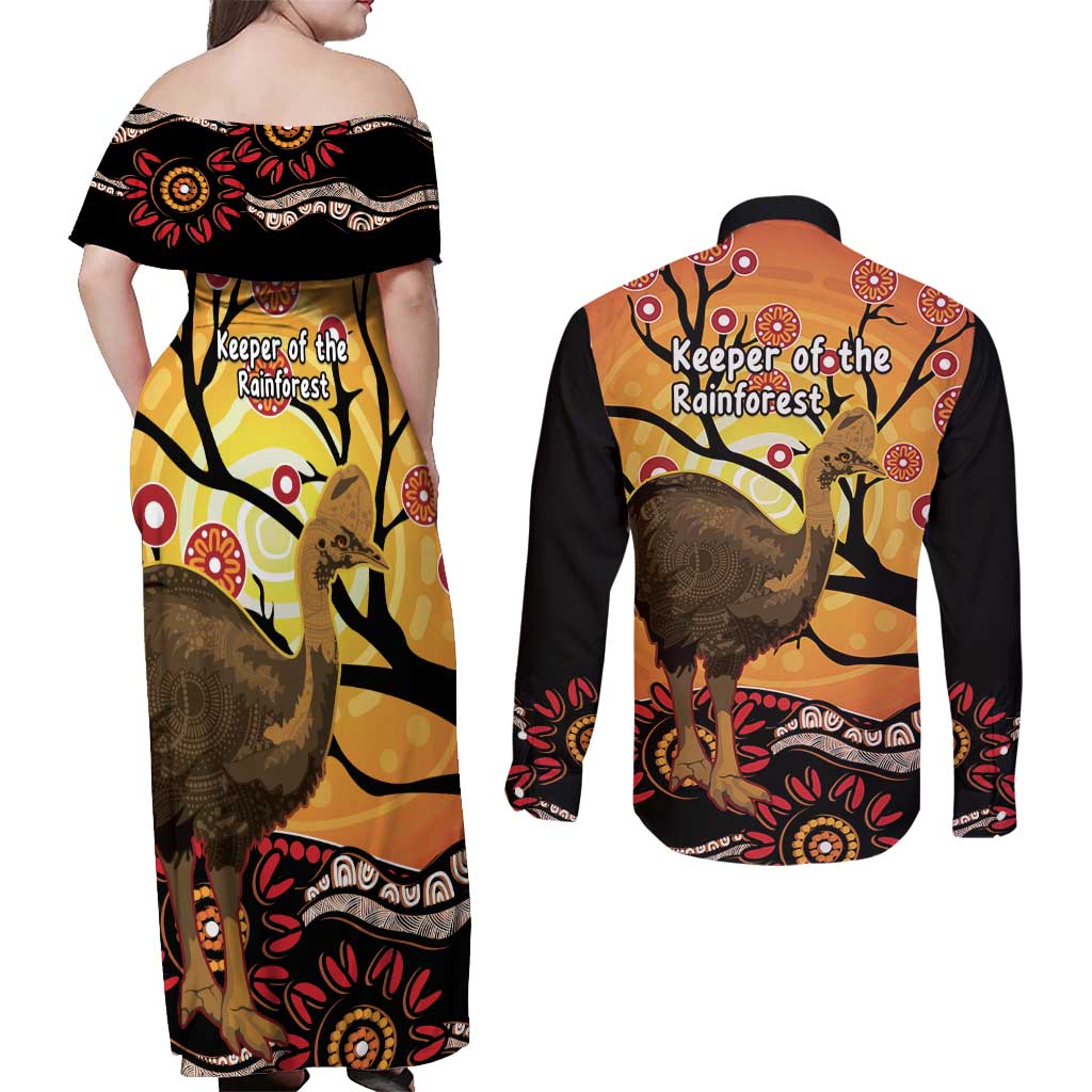 Keeper Of The Rainforest Cassowary Couples Matching Off Shoulder Maxi Dress and Long Sleeve Button Shirt Aboriginal Art