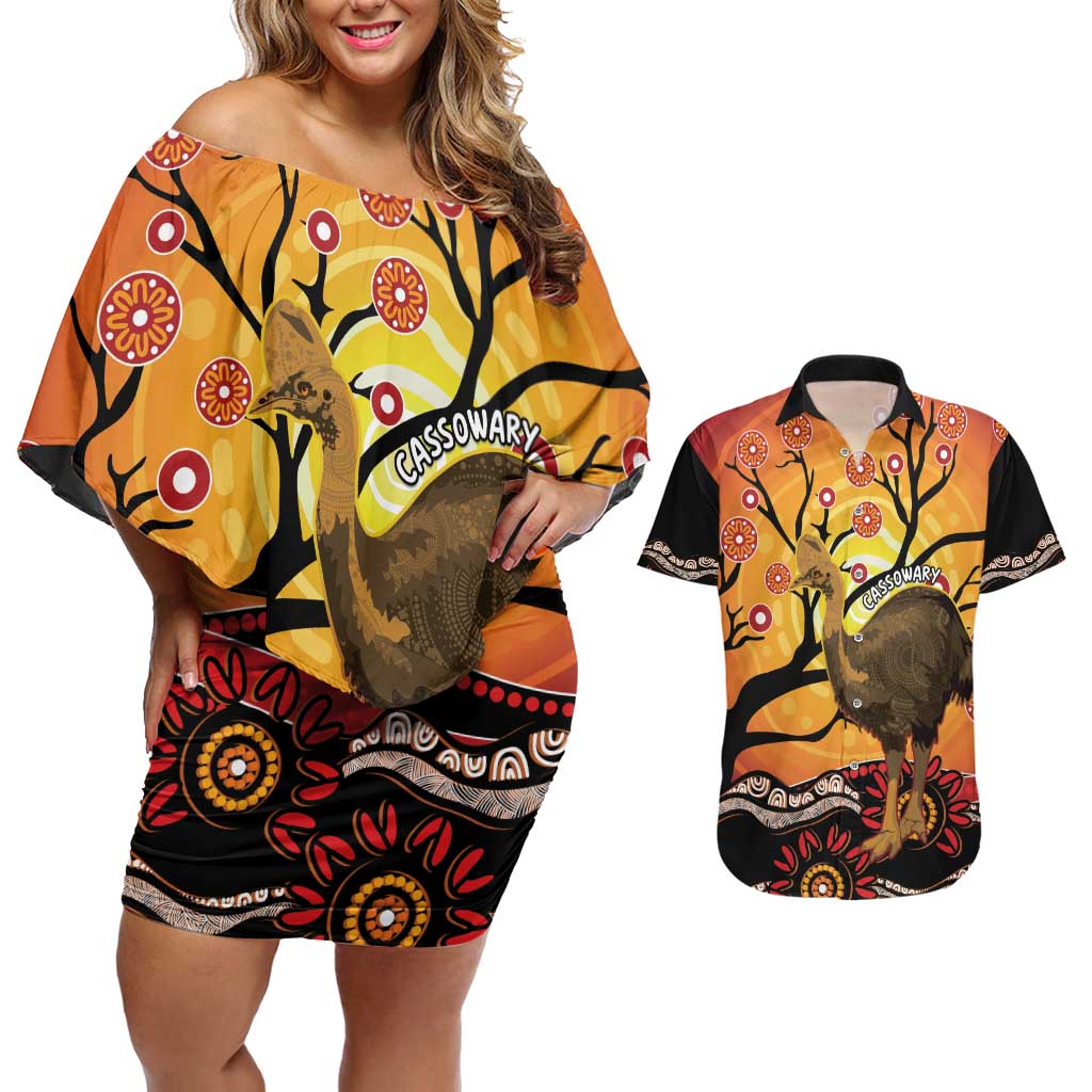 Keeper Of The Rainforest Cassowary Couples Matching Off Shoulder Short Dress and Hawaiian Shirt Aboriginal Art