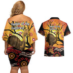 Keeper Of The Rainforest Cassowary Couples Matching Off Shoulder Short Dress and Hawaiian Shirt Aboriginal Art