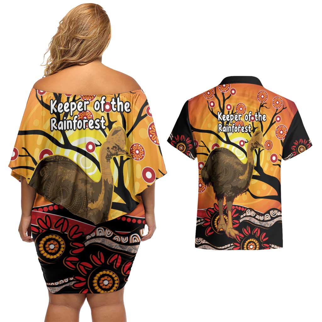 Keeper Of The Rainforest Cassowary Couples Matching Off Shoulder Short Dress and Hawaiian Shirt Aboriginal Art