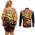 Keeper Of The Rainforest Cassowary Couples Matching Off Shoulder Short Dress and Long Sleeve Button Shirt Aboriginal Art