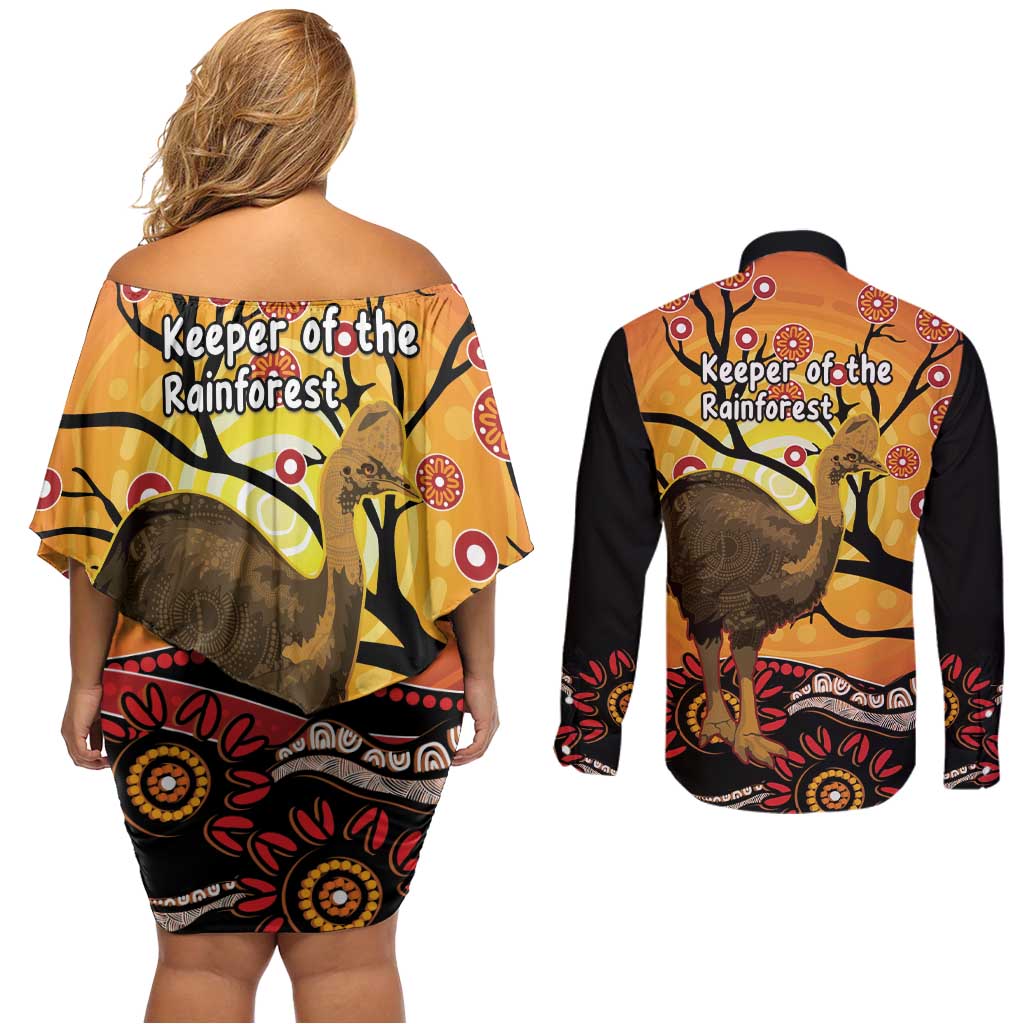Keeper Of The Rainforest Cassowary Couples Matching Off Shoulder Short Dress and Long Sleeve Button Shirt Aboriginal Art