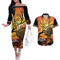 Keeper Of The Rainforest Cassowary Couples Matching Off The Shoulder Long Sleeve Dress and Hawaiian Shirt Aboriginal Art
