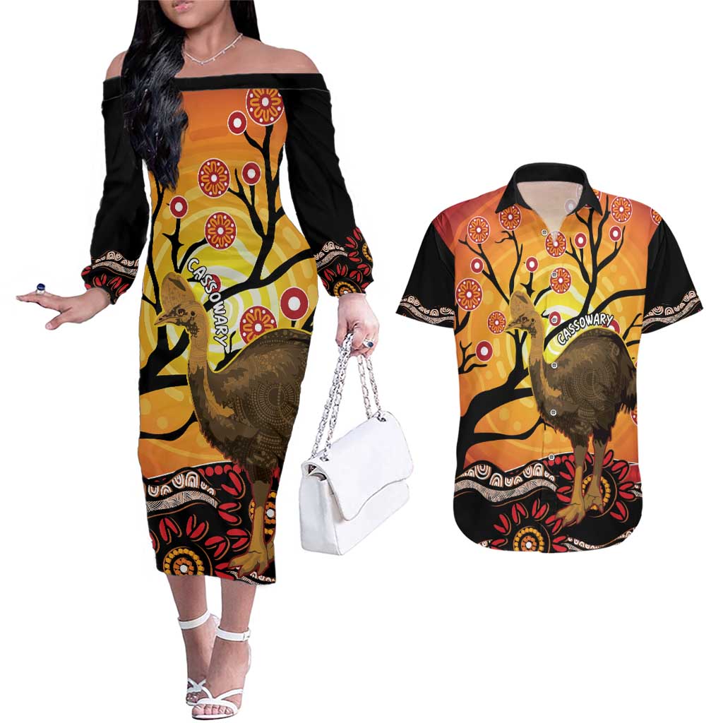 Keeper Of The Rainforest Cassowary Couples Matching Off The Shoulder Long Sleeve Dress and Hawaiian Shirt Aboriginal Art