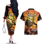 Keeper Of The Rainforest Cassowary Couples Matching Off The Shoulder Long Sleeve Dress and Hawaiian Shirt Aboriginal Art