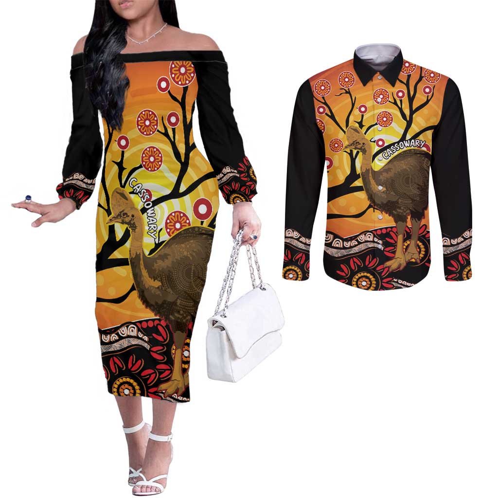 Keeper Of The Rainforest Cassowary Couples Matching Off The Shoulder Long Sleeve Dress and Long Sleeve Button Shirt Aboriginal Art