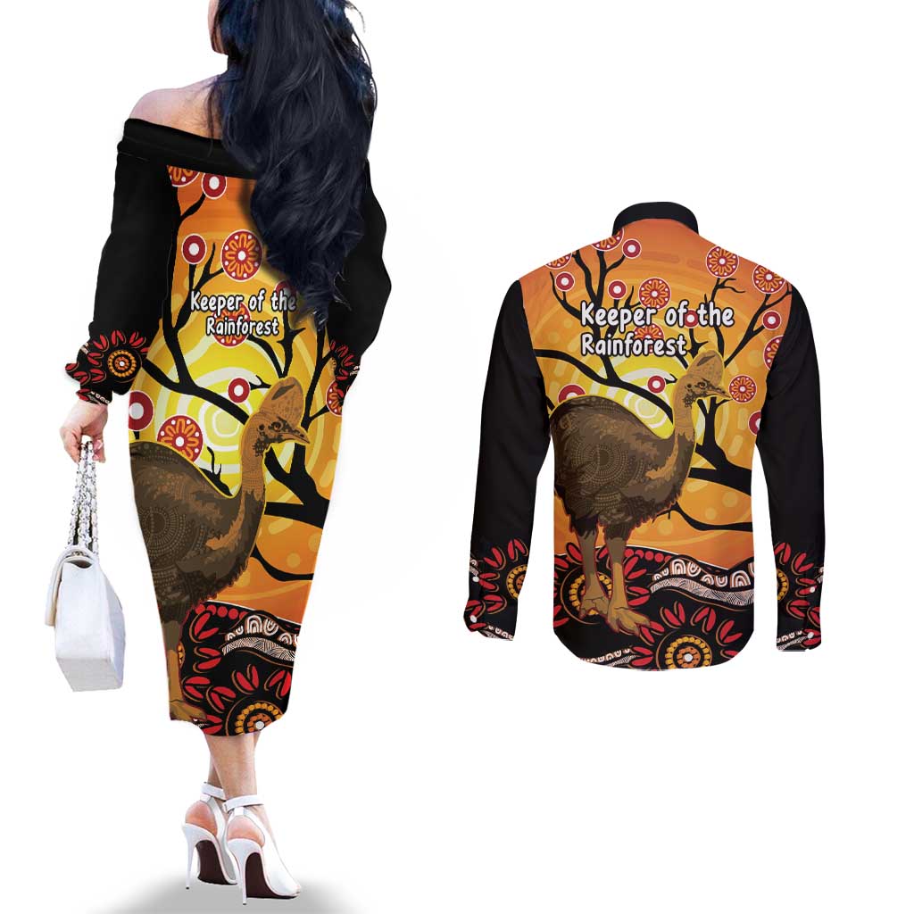 Keeper Of The Rainforest Cassowary Couples Matching Off The Shoulder Long Sleeve Dress and Long Sleeve Button Shirt Aboriginal Art