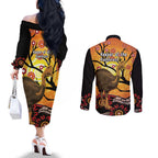 Keeper Of The Rainforest Cassowary Couples Matching Off The Shoulder Long Sleeve Dress and Long Sleeve Button Shirt Aboriginal Art