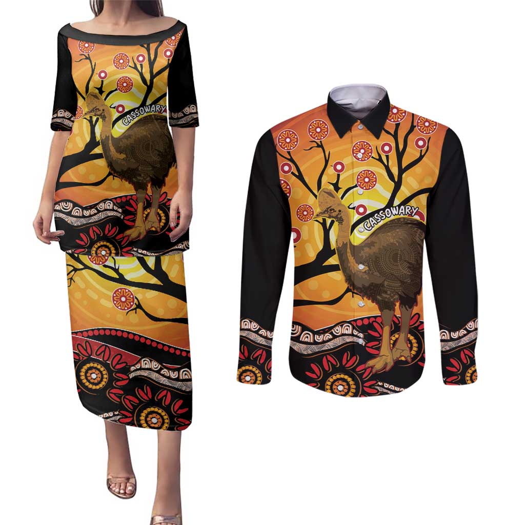 Keeper Of The Rainforest Cassowary Couples Matching Puletasi and Long Sleeve Button Shirt Aboriginal Art