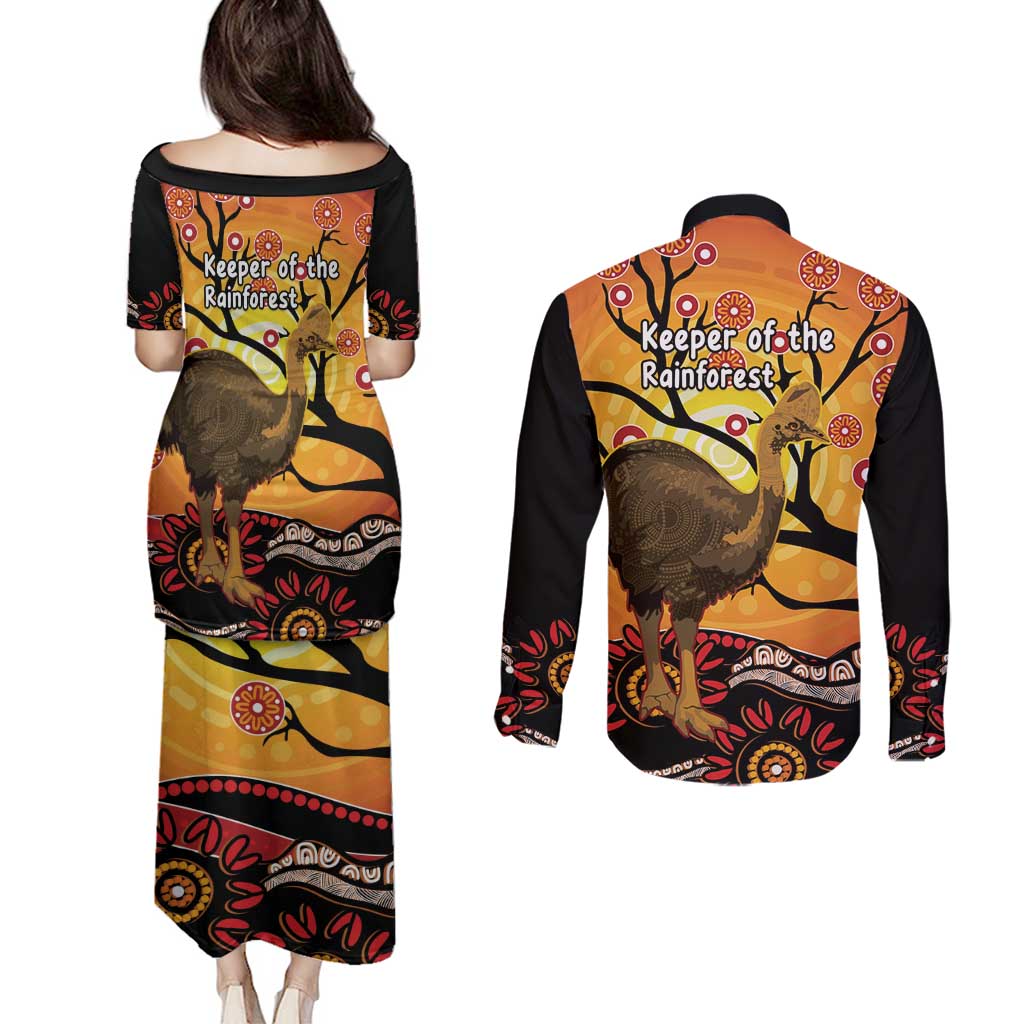 Keeper Of The Rainforest Cassowary Couples Matching Puletasi and Long Sleeve Button Shirt Aboriginal Art