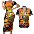 Keeper Of The Rainforest Cassowary Couples Matching Short Sleeve Bodycon Dress and Hawaiian Shirt Aboriginal Art