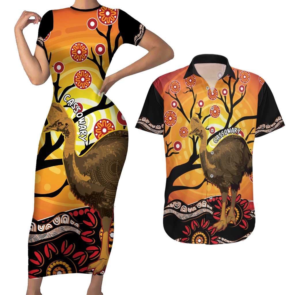 Keeper Of The Rainforest Cassowary Couples Matching Short Sleeve Bodycon Dress and Hawaiian Shirt Aboriginal Art