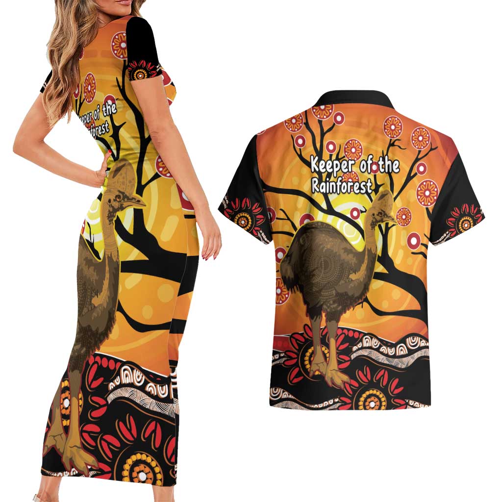 Keeper Of The Rainforest Cassowary Couples Matching Short Sleeve Bodycon Dress and Hawaiian Shirt Aboriginal Art