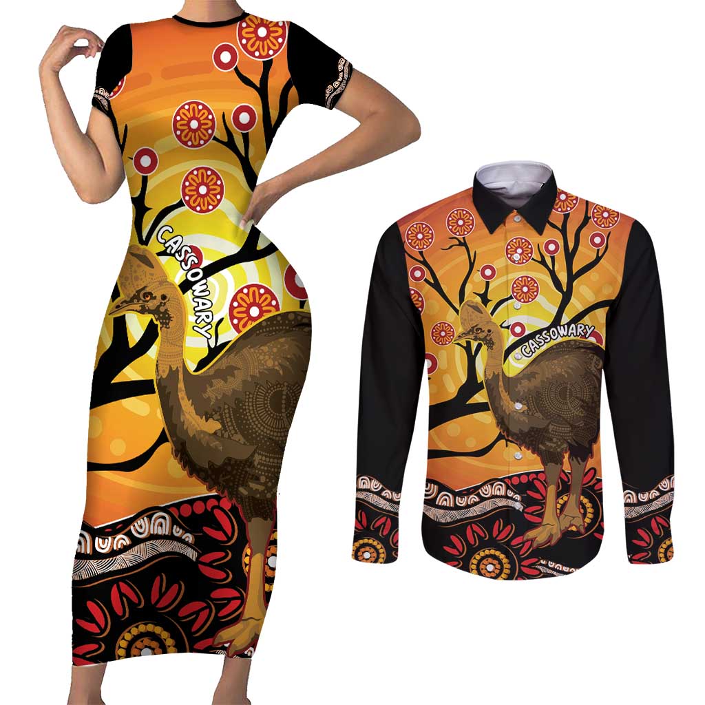Keeper Of The Rainforest Cassowary Couples Matching Short Sleeve Bodycon Dress and Long Sleeve Button Shirt Aboriginal Art