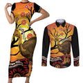 Keeper Of The Rainforest Cassowary Couples Matching Short Sleeve Bodycon Dress and Long Sleeve Button Shirt Aboriginal Art