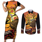 Keeper Of The Rainforest Cassowary Couples Matching Short Sleeve Bodycon Dress and Long Sleeve Button Shirt Aboriginal Art