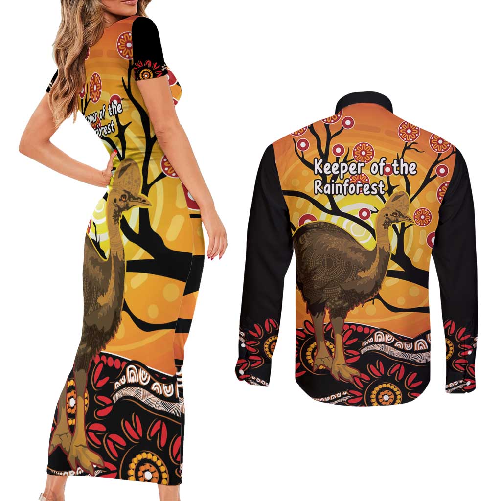 Keeper Of The Rainforest Cassowary Couples Matching Short Sleeve Bodycon Dress and Long Sleeve Button Shirt Aboriginal Art