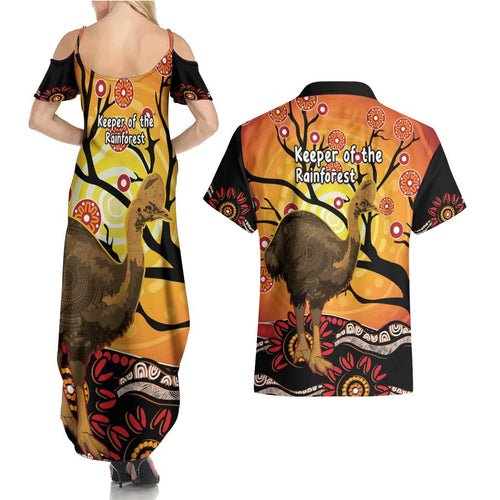 Keeper Of The Rainforest Cassowary Couples Matching Summer Maxi Dress and Hawaiian Shirt Aboriginal Art