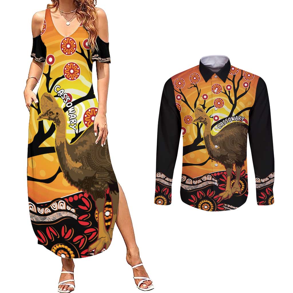 Keeper Of The Rainforest Cassowary Couples Matching Summer Maxi Dress and Long Sleeve Button Shirt Aboriginal Art