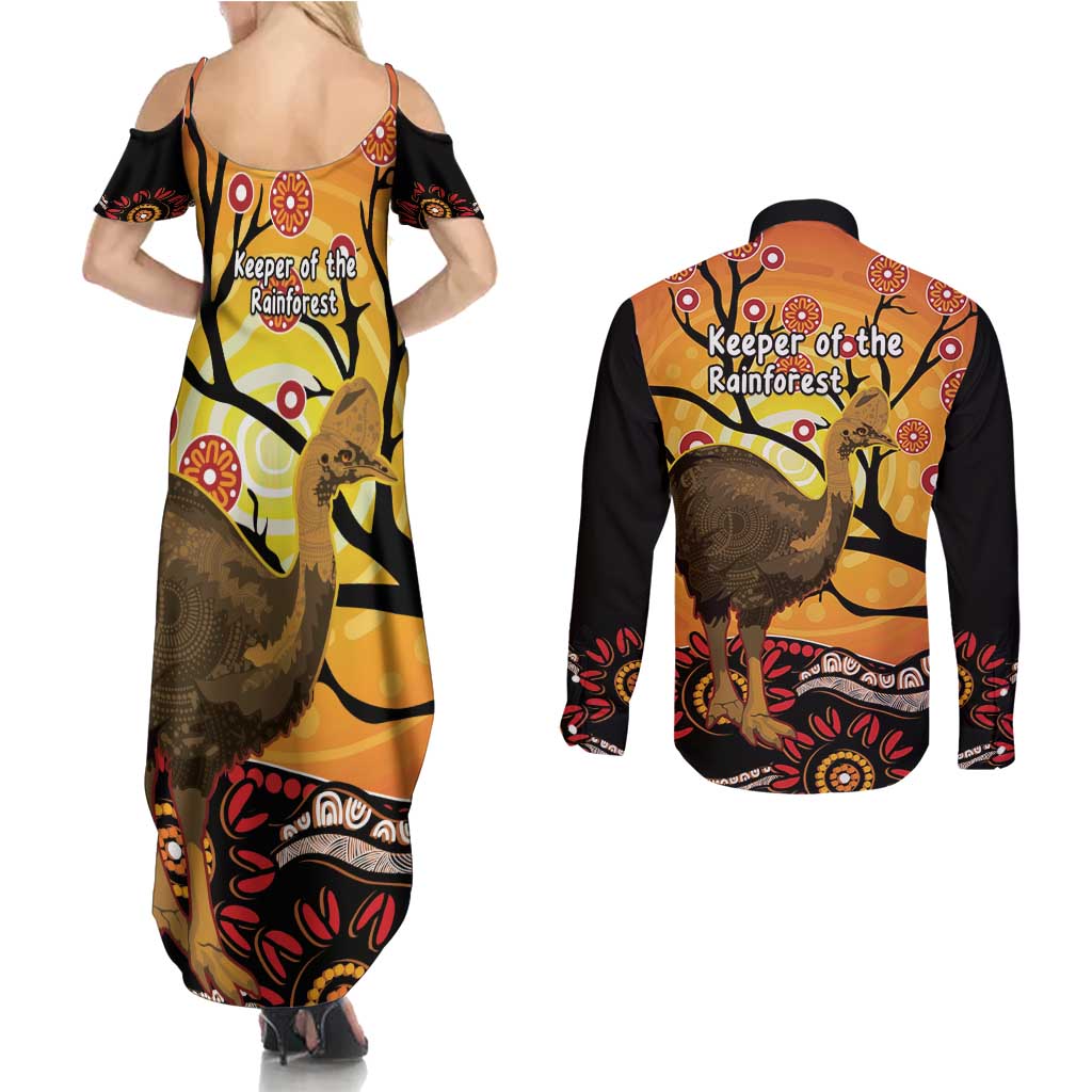 Keeper Of The Rainforest Cassowary Couples Matching Summer Maxi Dress and Long Sleeve Button Shirt Aboriginal Art
