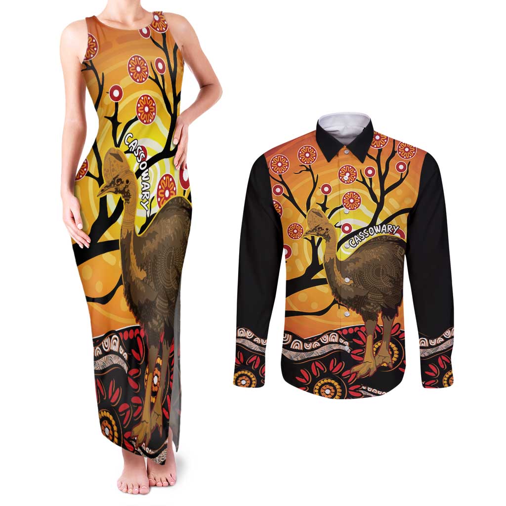 Keeper Of The Rainforest Cassowary Couples Matching Tank Maxi Dress and Long Sleeve Button Shirt Aboriginal Art