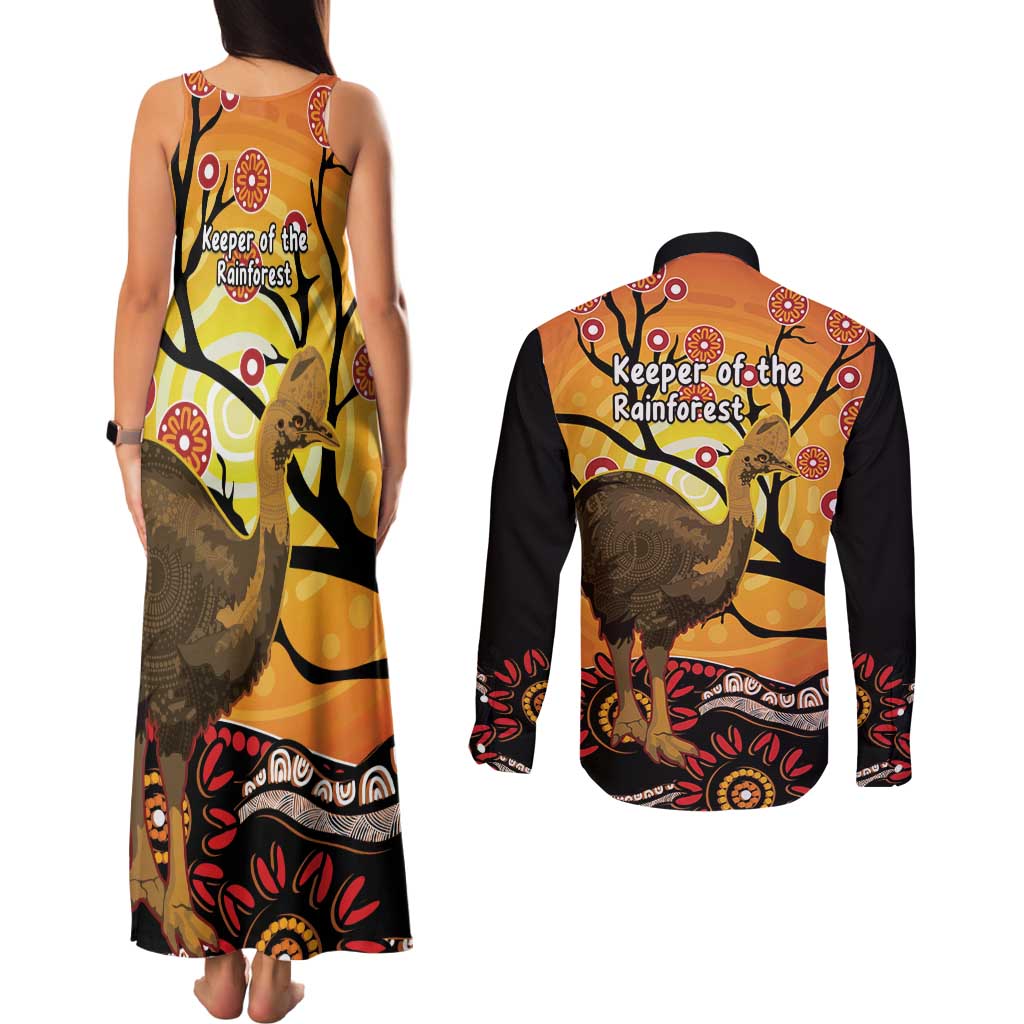 Keeper Of The Rainforest Cassowary Couples Matching Tank Maxi Dress and Long Sleeve Button Shirt Aboriginal Art