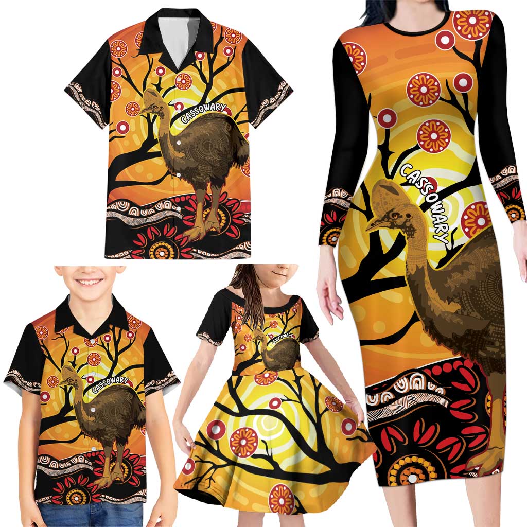 Keeper Of The Rainforest Cassowary Family Matching Long Sleeve Bodycon Dress and Hawaiian Shirt Aboriginal Art