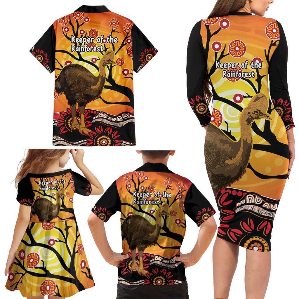 Keeper Of The Rainforest Cassowary Family Matching Long Sleeve Bodycon Dress and Hawaiian Shirt Aboriginal Art