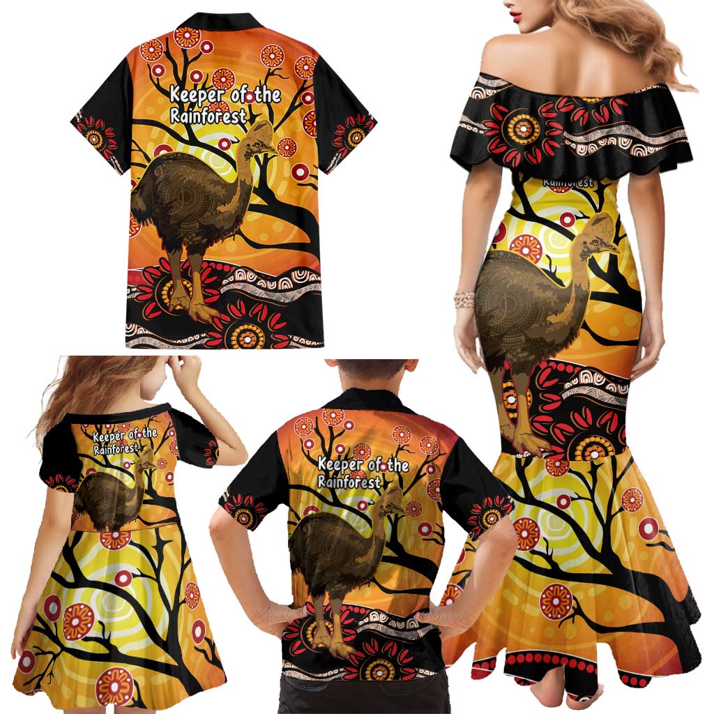 Keeper Of The Rainforest Cassowary Family Matching Mermaid Dress and Hawaiian Shirt Aboriginal Art