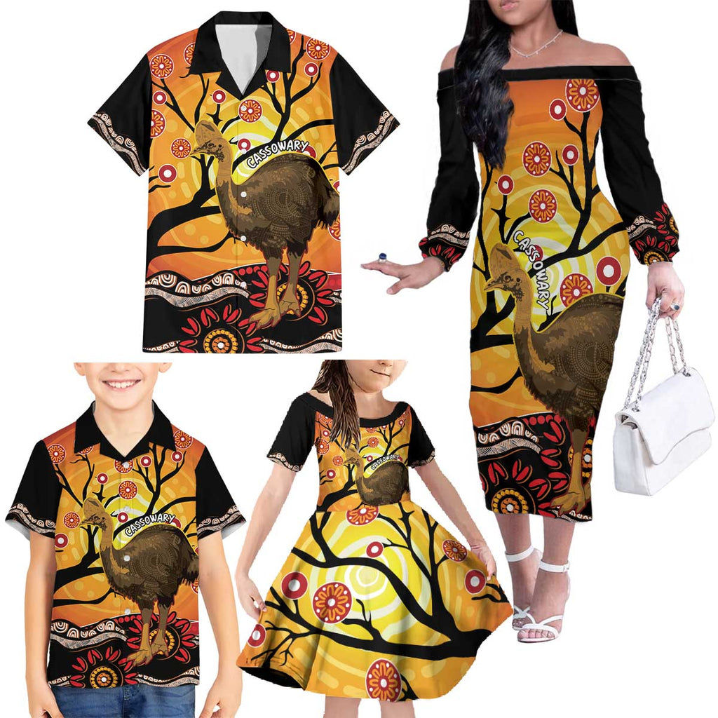 Keeper Of The Rainforest Cassowary Family Matching Off The Shoulder Long Sleeve Dress and Hawaiian Shirt Aboriginal Art