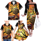 Keeper Of The Rainforest Cassowary Family Matching Off The Shoulder Long Sleeve Dress and Hawaiian Shirt Aboriginal Art
