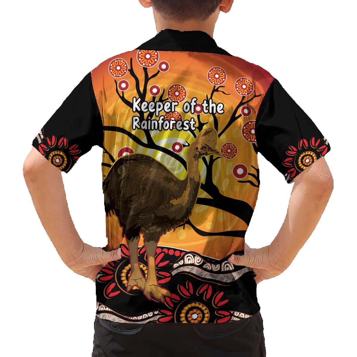 Keeper Of The Rainforest Cassowary Family Matching Off The Shoulder Long Sleeve Dress and Hawaiian Shirt Aboriginal Art