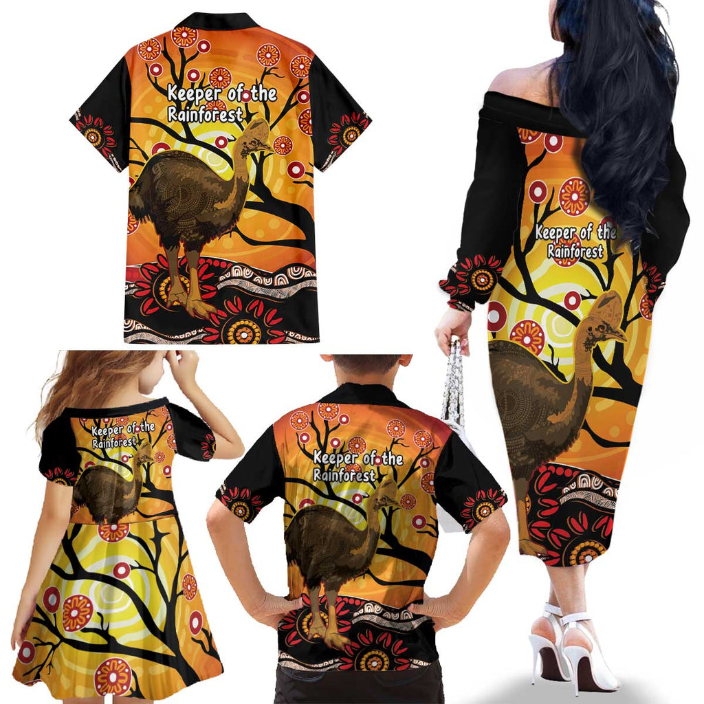 Keeper Of The Rainforest Cassowary Family Matching Off The Shoulder Long Sleeve Dress and Hawaiian Shirt Aboriginal Art