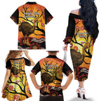 Keeper Of The Rainforest Cassowary Family Matching Off The Shoulder Long Sleeve Dress and Hawaiian Shirt Aboriginal Art