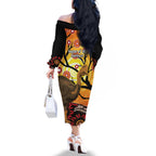 Keeper Of The Rainforest Cassowary Family Matching Off The Shoulder Long Sleeve Dress and Hawaiian Shirt Aboriginal Art