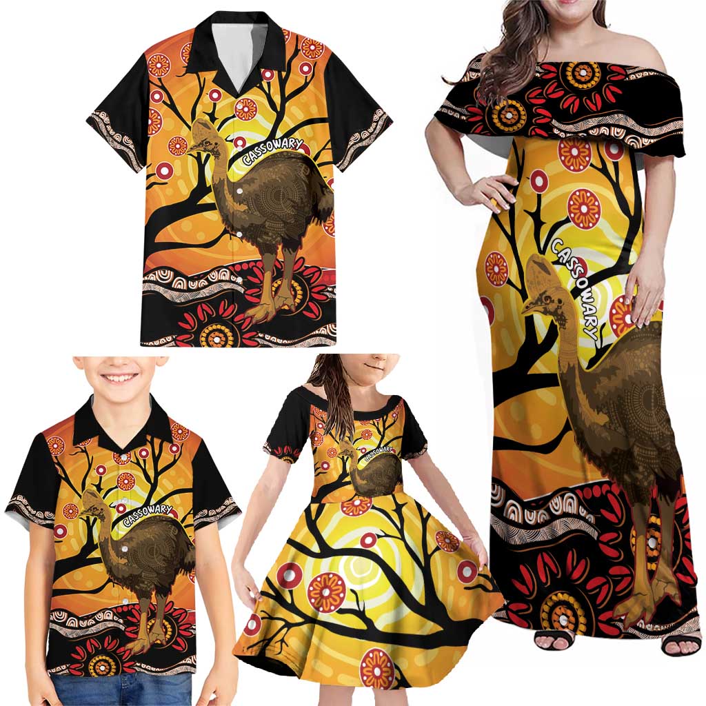 Keeper Of The Rainforest Cassowary Family Matching Off Shoulder Maxi Dress and Hawaiian Shirt Aboriginal Art