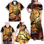 Keeper Of The Rainforest Cassowary Family Matching Off Shoulder Maxi Dress and Hawaiian Shirt Aboriginal Art