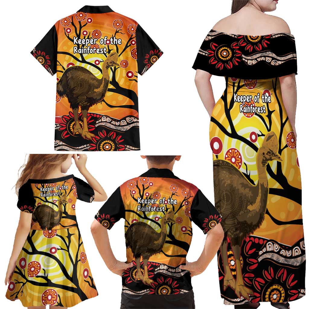 Keeper Of The Rainforest Cassowary Family Matching Off Shoulder Maxi Dress and Hawaiian Shirt Aboriginal Art