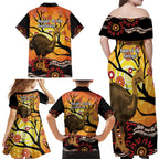 Keeper Of The Rainforest Cassowary Family Matching Off Shoulder Maxi Dress and Hawaiian Shirt Aboriginal Art
